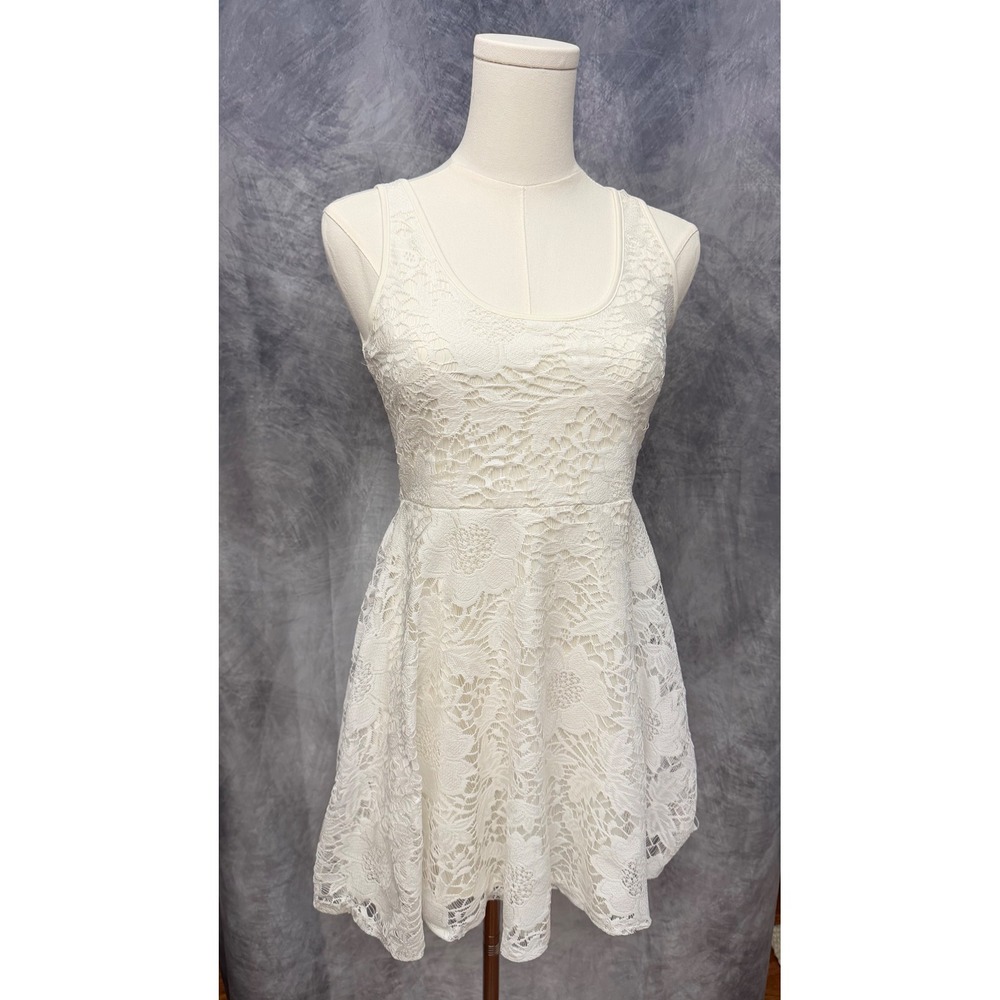 Boho Summer Wedding Ivory Floral Lace Fit and Flare Skater Dress Size S 8743 Y2K